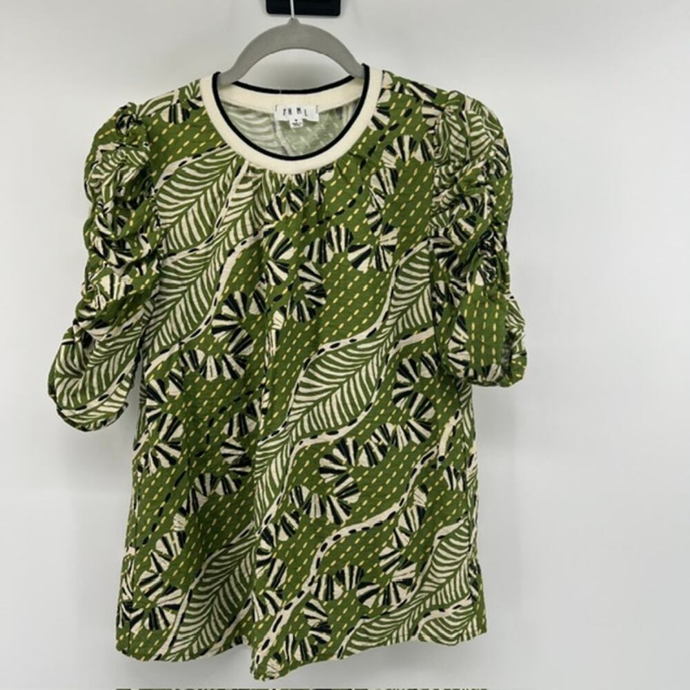 THML Anthropologie Puff Sleeve Blouse Shirt Womens S Green Black Botanical Boho